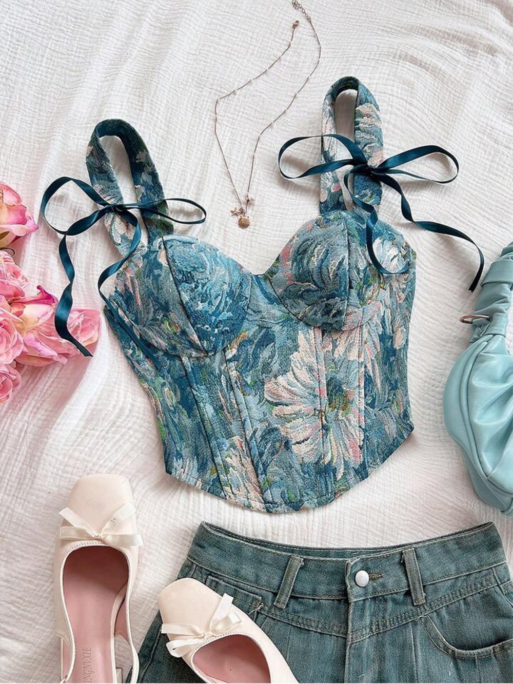 Blue Floral Corset Camisole with Satin Tie Straps